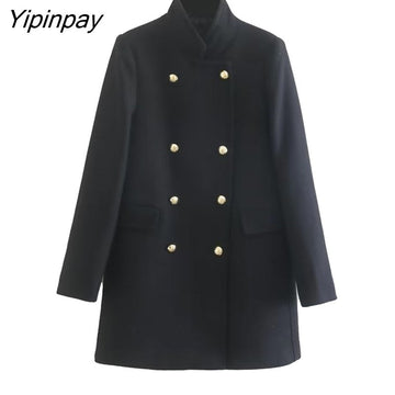Yipinpay 2023 New Winter Solid Coat Women Double Breasted Long Sleeve Jacket Outwear Warm Basic Female Fashion Overcoat